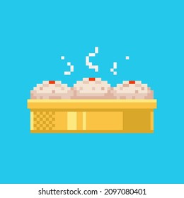 Pixel art steam buns icon. Vector 8 bit style illustration of pixel asian buns or dumplings. Isolated cute food element of retro video game computer graphic.