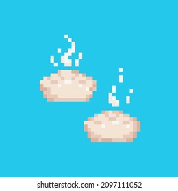 Pixel art steamed gyoza icon. Vector 8 bit style illustration of pixel Chinese jiaozi dumplings. Isolated cute food decorative element of retro video game computer graphic.