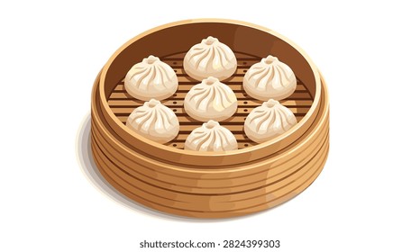 Pixel art of steamed soup dumplings inside a wooden bamboo steamer basket