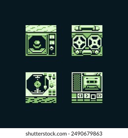 Pixel Art Stereo-Icons Set, Retro-Player-Audiogeräte mit Buttonen, Design für Logo-Spiel, Aufkleber, Web, mobile App, Logo. Isolierte Vektorillustration.