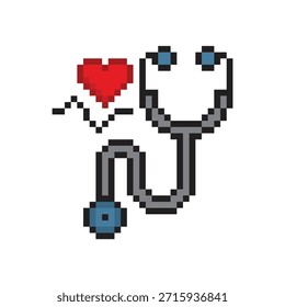 Estetoscopio del arte del pixel con el icono del Vector del corazón 8 pedazos para el logotipo del juego de ordenador	
