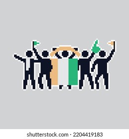 Pixel art stick figures. World country football fans. cheerful soccer fans, supporters and flag