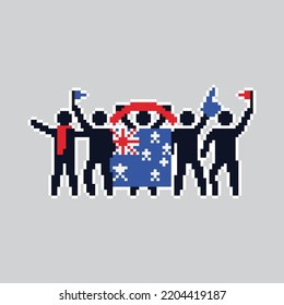 Pixel art stick figures. World country football fans. cheerful soccer fans, supporters and flag