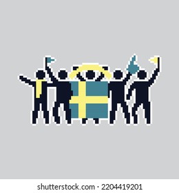 Figuras de palos de arte de píxeles. Hinchas del fútbol de todo el mundo. hinchas de fútbol alegres, hinchas y bandera