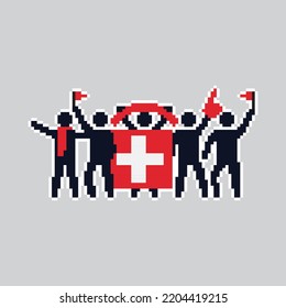 Pixel art stick figures. World country football fans. cheerful soccer fans, supporters and flag