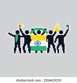 Pixel art stick figures. World country football fans. cheerful soccer fans, supporters and flag