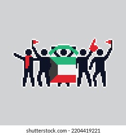 Pixel art stick figures. World country football fans. cheerful soccer fans, supporters and flag