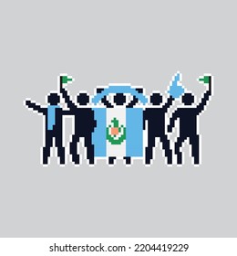 Pixel art stick figures. World country football fans. cheerful soccer fans, supporters and flag