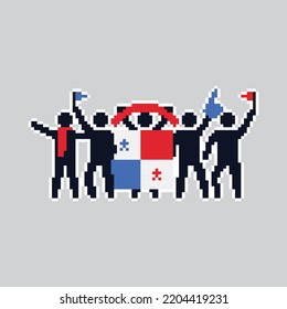 Pixel art stick figures. World country football fans. cheerful soccer fans, supporters and flag