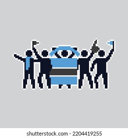 Pixel art stick figures. World country football fans. cheerful soccer fans, supporters and flag