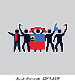 Pixel art stick figures. World country football fans. cheerful soccer fans, supporters and flag
