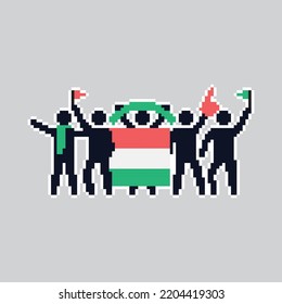 Pixel art stick figures. World country football fans. cheerful soccer fans, supporters and flag