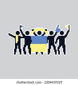 Pixel art stick figures. World country football fans. cheerful soccer fans, supporters and flag