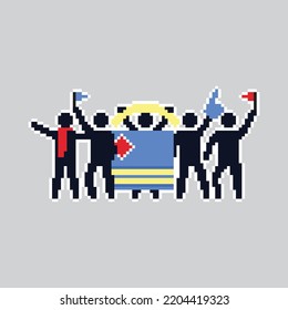 Pixel art stick figures. World country football fans. cheerful soccer fans, supporters and flag