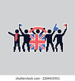 Pixel art stick figures. World country football fans. cheerful soccer fans, supporters and flag