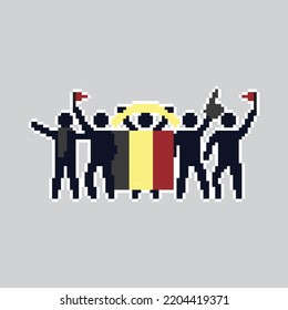 Pixel art stick figures. World country football fans. cheerful soccer fans, supporters and flag