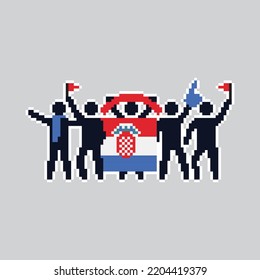 Pixel art stick figures. World country football fans. cheerful soccer fans, supporters and flag