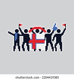 Pixel art stick figures. World country football fans. cheerful soccer fans, supporters and flag