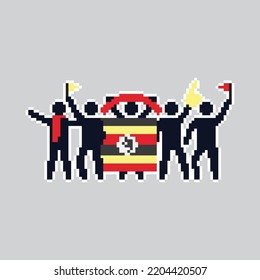 Pixel art stick figures. World country football fans. cheerful soccer fans, supporters and flag