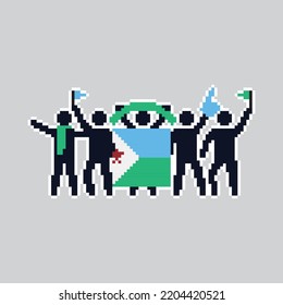 Pixel art stick figures. World country football fans. cheerful soccer fans, supporters and flag