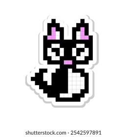 Etiqueta engomada del arte del pixel para imprimir en diverso producto, comunicación de los medios sociales. Gato lindo aislado Ilustración vectorial sobre fondo blanco.