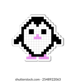 Pixel art sticker for print on different product, social media communication. Cute penguin isolated vector illustration on white background.