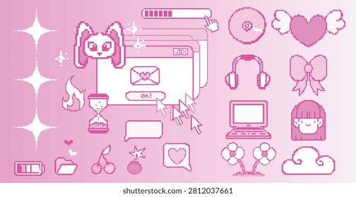 Pixel art sticker set with Y2K icons, retro game elements, vector illustration isolated on background. Winged heart, battery, headphone and cd, rabbit digital design. Nostalgic 90s computer ui graphic