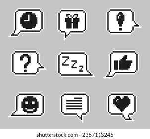 Pixel art sticker speech bubble with popular symbols or signs. Collection set pixel emoticon heart, gift, smile, clock, and like. 