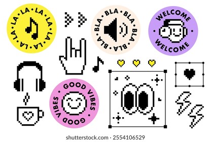 Pixel art stickers for podcasting in retro 90s style. Music and voice. Y2k icon set. Smile, emoji, cool badge element. Geometric bright modern shape for collage, poster, stamp. Vector illustration