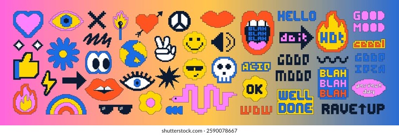 Pixel art stickers set. Template for a set of stickers, greeting cards, posters, planners. Vector collection of pixel illustration and quoters