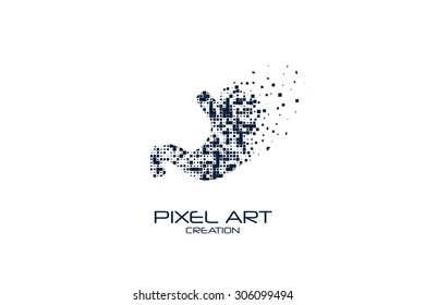 Pixel art stomach logo on white background.