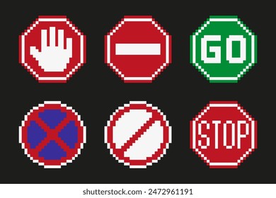 Pixel art of Stop and Go sign road, icons set sign road in pixel style. Vector illustration on isolated background.