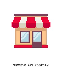 Pixel Art Store icon in 8-bit retro game style. Pixel shop icon. Web Store and Marketplace icon or logo isolated sign. Hi-quality editable vector