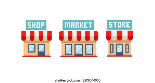 Pixel Art Store icon in 8-bit retro game style. Pixel shop icon. Web Store and Marketplace icon or logo isolated sign. Hi-quality editable vector