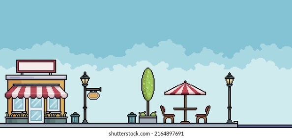 Pixel art store in park square with tree, poles and table Urban landscape. Cityscape background for 8bit game
