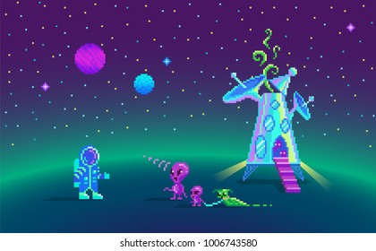 Pixel Art Story About Friendship Between Man And Aliens.