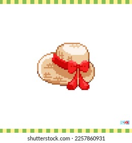 Pixel art straw hat icon. Vector 8 bit style illustration of fashion beach hat. Cute decorative element of retro video game computer graphic for game asset, sprite, sticker or web.