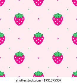 pixel art strawberries and dots seamless pattern. 8 bit design texture in retro style. Strawberry cute seamless Background. Modern trendy girlish fabric texture with seamless strawberry ornament.