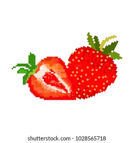 Pixel art. Strawberries whole and half on a white background. Vector illustration.
