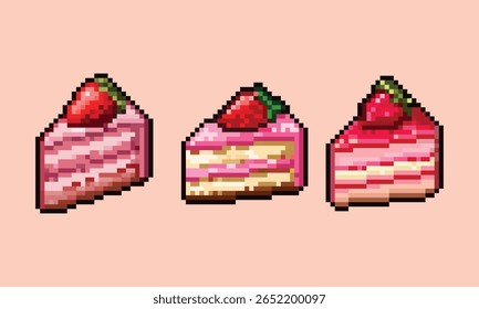 Pixel Art Morango Bolo Slice Set 8-bit Sobremesa Ícones. Um conjunto delicioso de 8 bits estilo pixel arte morango bolo fatias.
