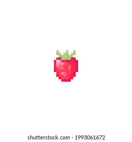 Pixel art strawberry. Cute retro icon of strawberry for game assets, print, app, sticker, web design, fabric, paper, decoration. Trendy Pixel Vector Strawberry illustration.