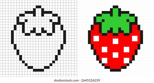 Pixel art strawberry in full color and outline versions, 8-bit retro style.