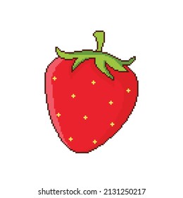 Pixel art strawberry icon. Vector retro style design of a strawberry symbol with leaves. Illustration of 8 bit strawberry.