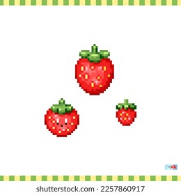 Pixel art strawberry icon. Vector 8 bit style illustration of strawberry symbol. Cute decorative element of retro video game computer graphic for game asset, sprite, sticker or web.