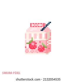 Pixel art strawberry milk icon. Vector 8 bit style illustration of asian strawberry milk carton. Cute pink milk carton decorative oriental spring element of retro video game computer graphic.