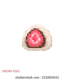 Pixel arte Fresa Mochi Ichigo icono. Ilustración de estilo vector de 8 bits de fresa asiática daifuku. El hanami ichigo oriental de primavera decorativo elemento de vídeo gráfico retro de videojuegos.