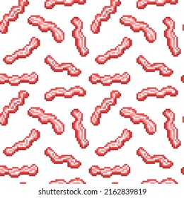 Pixel Art Streaky Bacon Strips On White, Seamless Background. Breakfast Pattern. Pork Package, Bar Snack Menu Print. Deep Fried Meat Slices Appetizer. Retro 8 Bit Slot Machine, 2d Game Graphics.