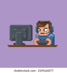 Pixel art streamer male character sitting in front of computer display wearing headset playing computer game with a gamepad, 8 bit retro cartoon vector illustration isolated