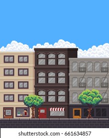 Pixel art rua com edifícios, lojas, árvores e céu com nuvens