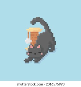 pixel art of stretching kitty with toy